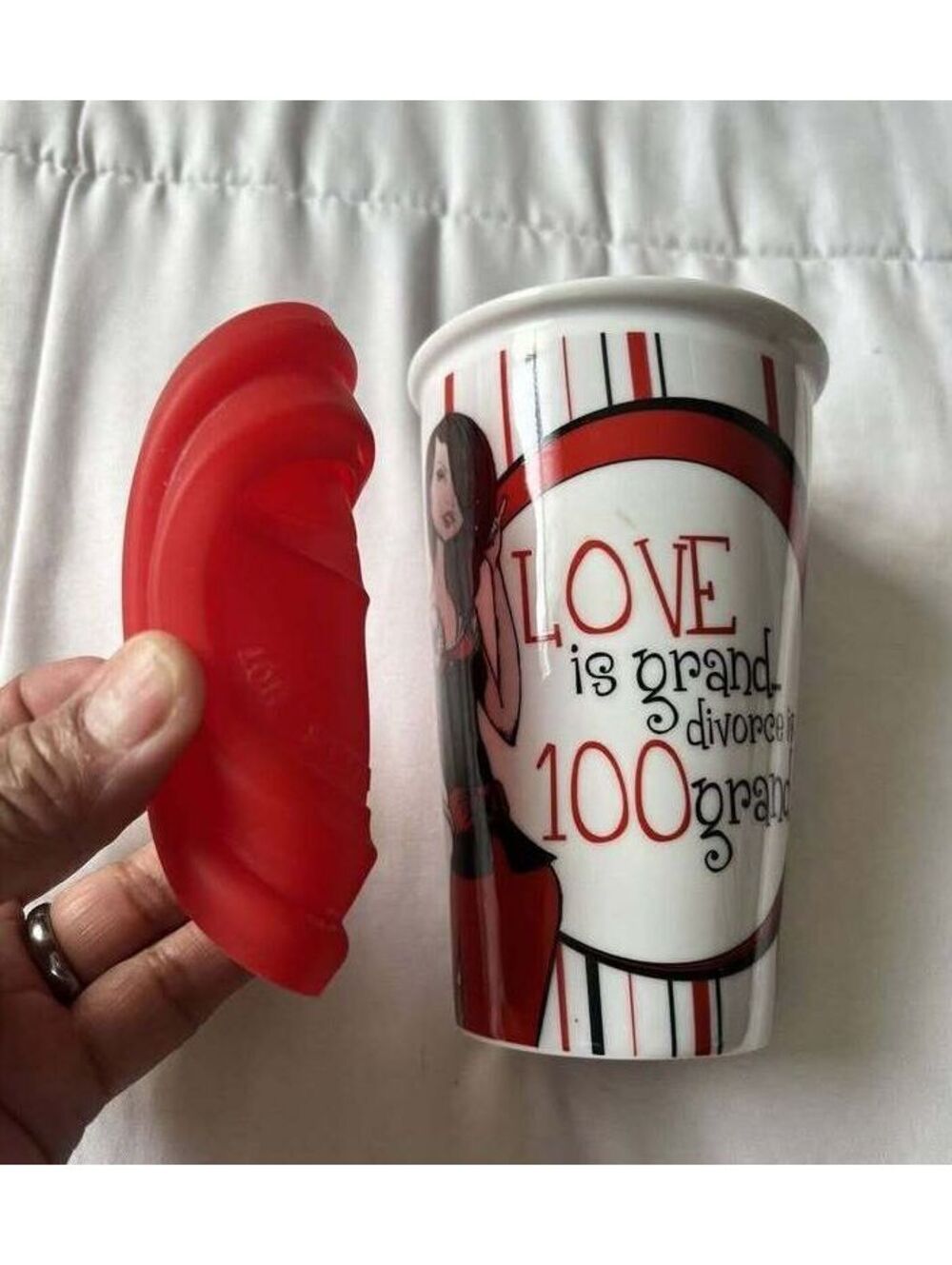 DRINKWARE Ceramic Travel Coffee Mug with Red Silicone Lid and Artistic Design